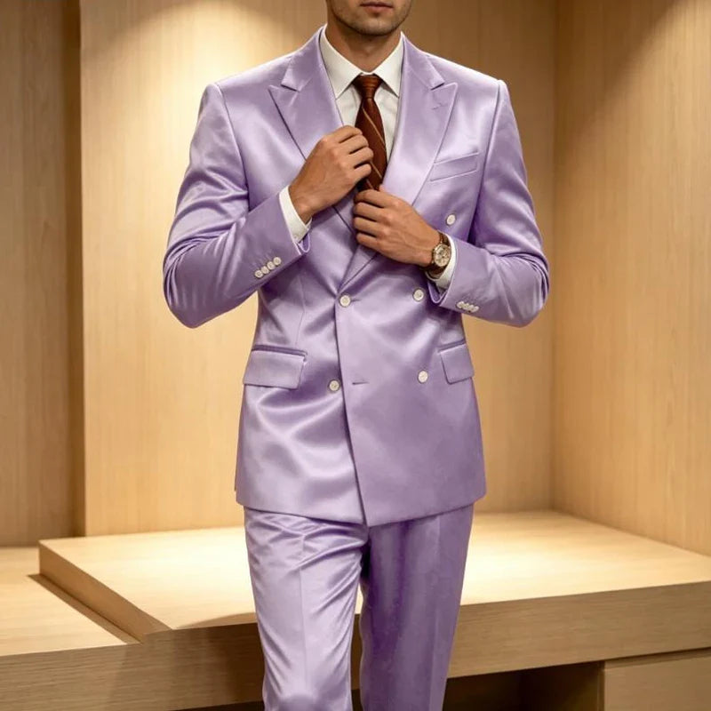 Luxury Men's Shiny Satin 2 Piece Suit Peak Lapel Double Breasted Jacket Pants Elegant Slim Fit Formal Tuxedo for Wedding Party