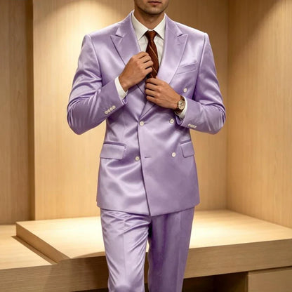 Luxury Men's Shiny Satin 2 Piece Suit Peak Lapel Double Breasted Jacket Pants Elegant Slim Fit Formal Tuxedo for Wedding Party