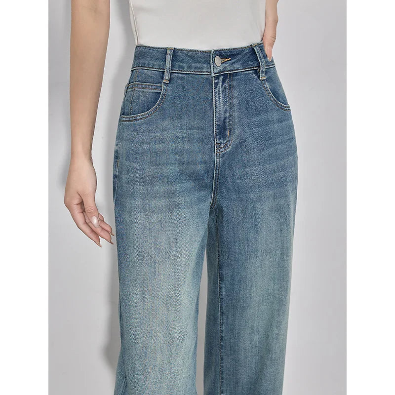 Women Denim Jeans 2025 Spring New Straight Wide Leg Rolling Up Ankle Length Cropped Pants