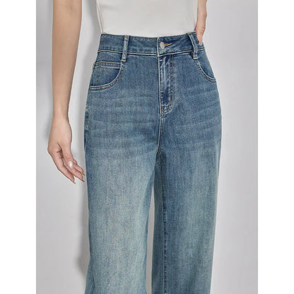 Women Denim Jeans 2025 Spring New Straight Wide Leg Rolling Up Ankle Length Cropped Pants