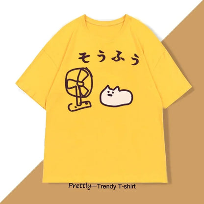 Cool Japanese Style Fan Cat T-shirt Women Funny Short Sleeve Tshirt Graphic T Shirts Summer Streetwear Pritned Tees
