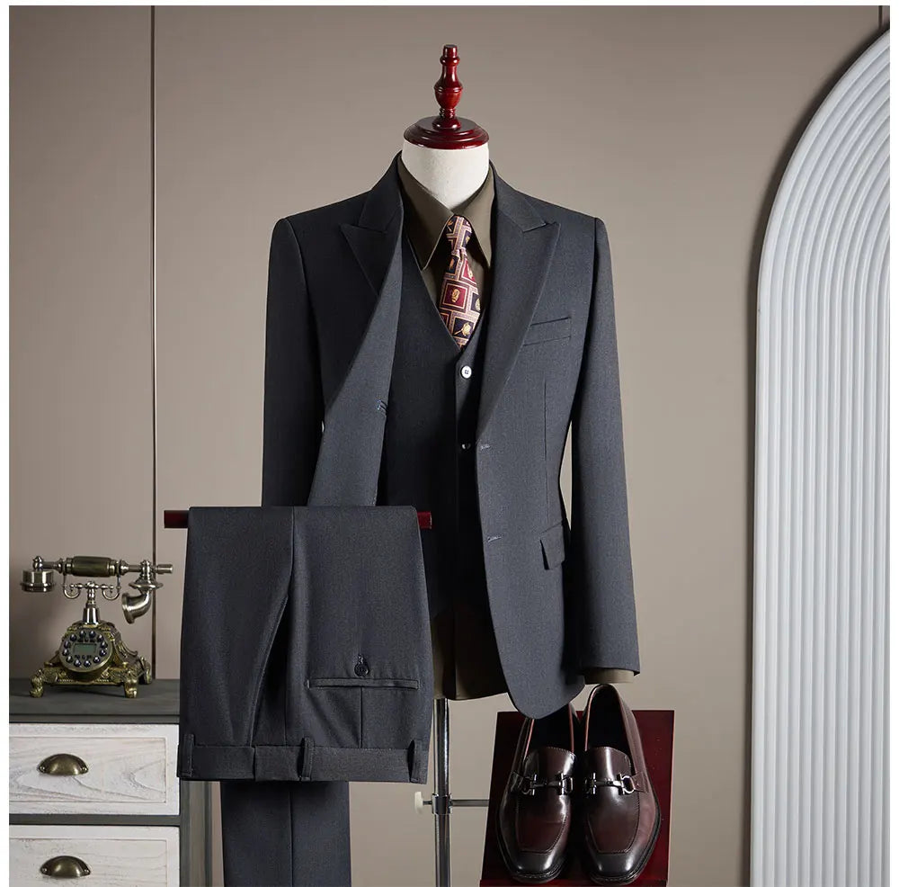 High-End Wool Suit Set for Men, Fashionable and Stylish Business Casual Three-Piece Suit, Tencel Suit, Groom's Wedding Dress