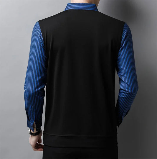 New Men's Casual and Fashionable Long Sleeved POLO Shirt with Contrasting Print Anti Wrinkle Top