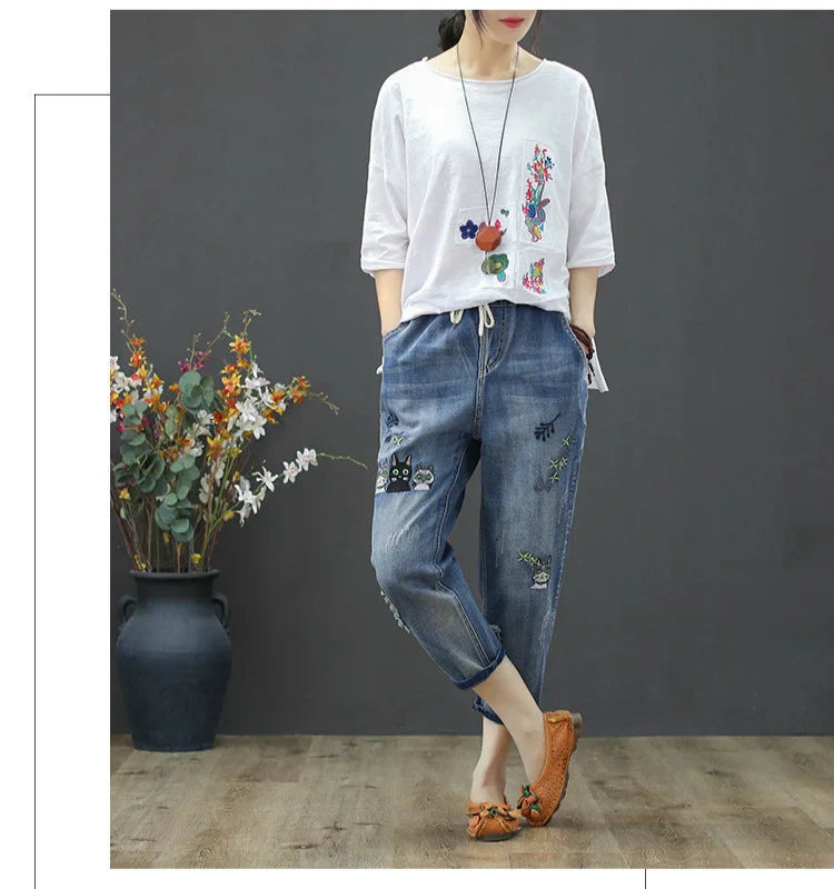2025 Fashion Summer Streetwear Denim Trousers Ladies Vintage Elastic Jeans Womens Casual Loose Embroidery Harem Pants