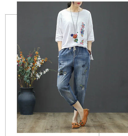 2025 Fashion Summer Streetwear Denim Trousers Ladies Vintage Elastic Jeans Womens Casual Loose Embroidery Harem Pants