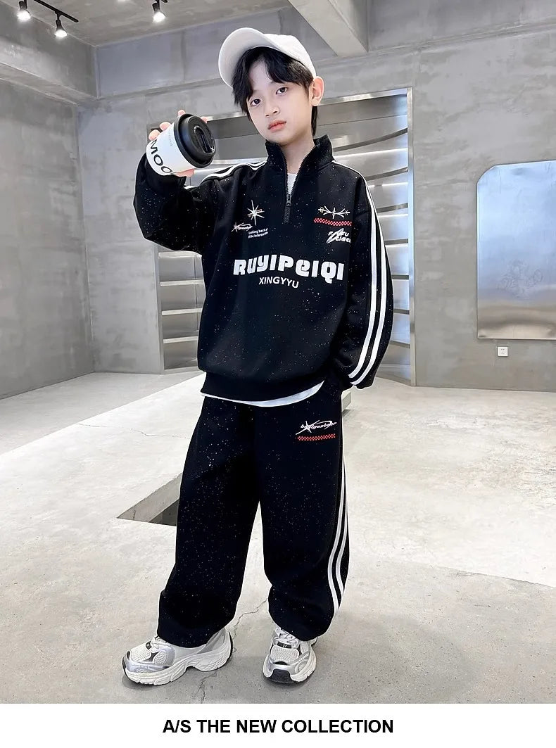 Spring Autumn Boys Striped Half Zip Sweatshirt+Sweatpant Workout Sets School Kids Tracksuit Children Outfit Jogging Suit 5-16 Yr