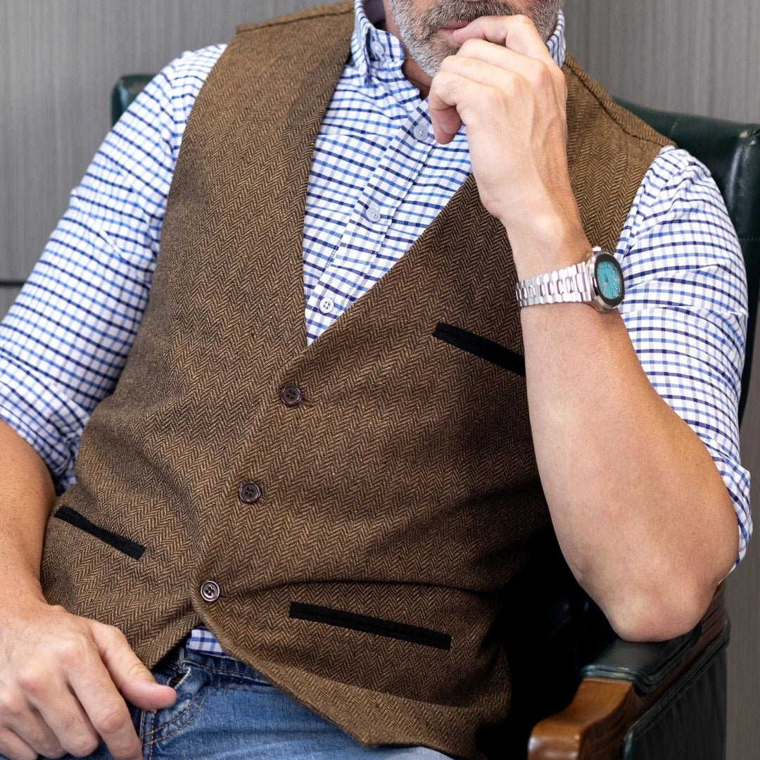 Men Vest Brown V Neck Single ButtonTweed Casual Business Waistcoat For Wedding Party Banquet Prom Work Men Suit Vest