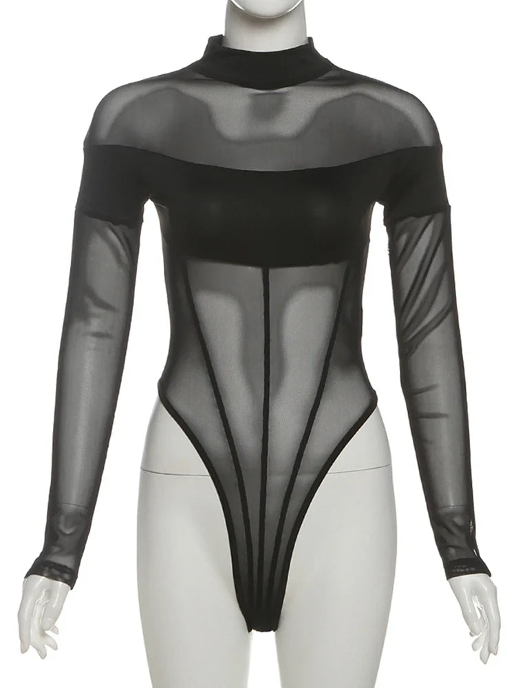 Weird Puss Coquette See Through Bodysuit Women Sexy Wild Mesh Hipster Patchwork Full Sleeve Midnight Stretch Street Clubwear
