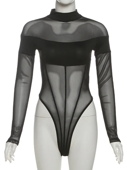 Weird Puss Coquette See Through Bodysuit Women Sexy Wild Mesh Hipster Patchwork Full Sleeve Midnight Stretch Street Clubwear