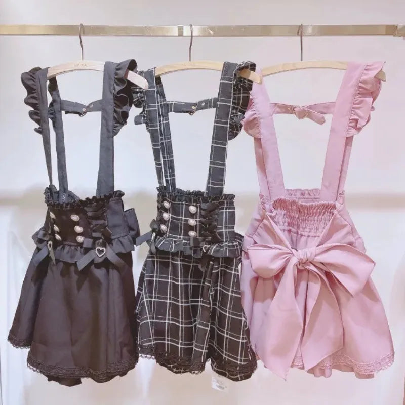 Japanese Gothic Lolita Ribbon Short Suspender plaid Skirt Girls Sweet Cute Lace A-Line Mini Skirts summer2026 black solid kawaii