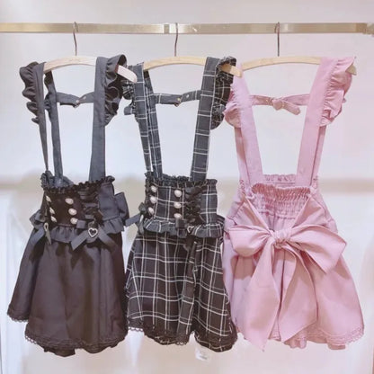 Japanese Gothic Lolita Ribbon Short Suspender plaid Skirt Girls Sweet Cute Lace A-Line Mini Skirts summer2026 black solid kawaii
