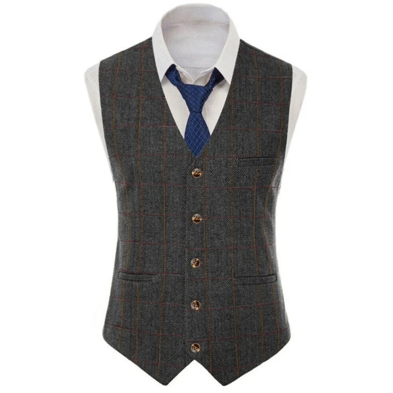Men Vest Brown Checkered Vintage Slim Fit Jacket Wedding Groom Banquet Business Temperament Men Suit Vest