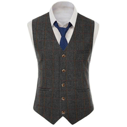 Men Vest Brown Checkered Vintage Slim Fit Jacket Wedding Groom Banquet Business Temperament Men Suit Vest
