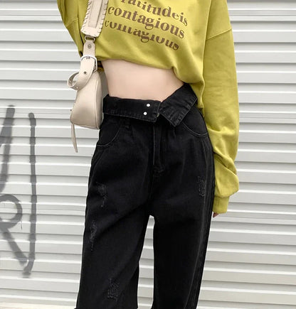 Hight Waist Denim Pant Women Jeans Vintage Straight Trousers Jeans Autumn Spring Fashion Female Black Casual Wide Leg Pants