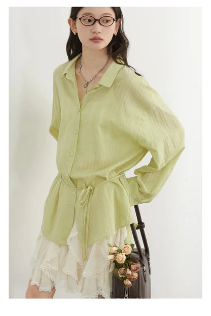 Women Shirt Textured Cotton Striped Waist Shirt Long Sleeves Female Sun Protection Blouses  Spring  Summer 2026