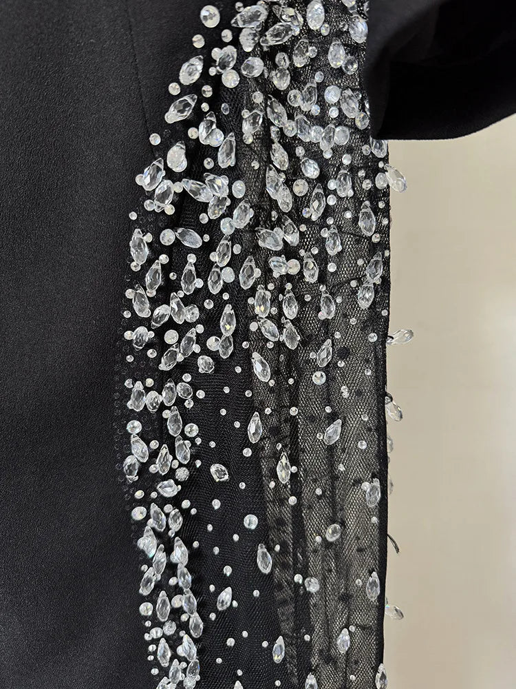 HIGH STREET Newest 2026 Designer Vestido Women's Diamonds Beaded Slash Neck Off The Shoulders Patchwork Gauze Long Maxi Dress