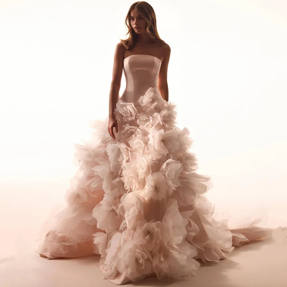 Saud Arab Wedding Dress Pearls Flower Bridal Gown Customized Strapless Sleeveless Zipper Up Court Train Arabian Bride Dresses