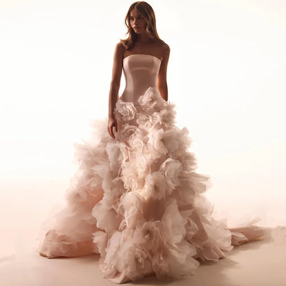 Saud Arab Wedding Dress Pearls Flower Bridal Gown Customized Strapless Sleeveless Zipper Up Court Train Arabian Bride Dresses