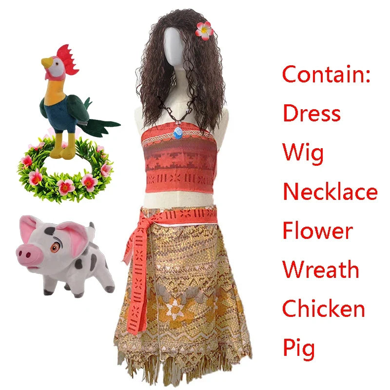 Disney Ocean Adventure Adult Kids Role Playing Vaiana Moana Princess Costume Dress Moana Necklace Pig Girls Mom Party Halloween