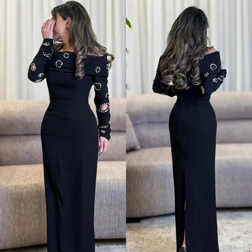 Customized Modern Style Fashion Jersey Rhinestone Pleat Straight Off-the-shoulder Long Dresses Bespoke Occasion Dresses Classic