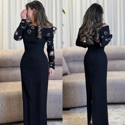 Customized Modern Style Fashion Jersey Rhinestone Pleat Straight Off-the-shoulder Long Dresses Bespoke Occasion Dresses Classic