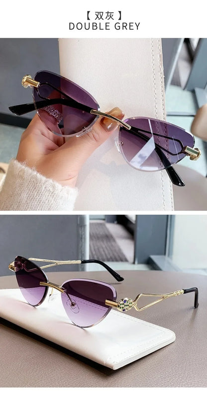 Rimless Cut Edge Cat Eye Sunglasses Gem Inlay Hollow Metal Temple UV400 Gradient Lens Shades for Women Daily Outdoor Sun Glasses