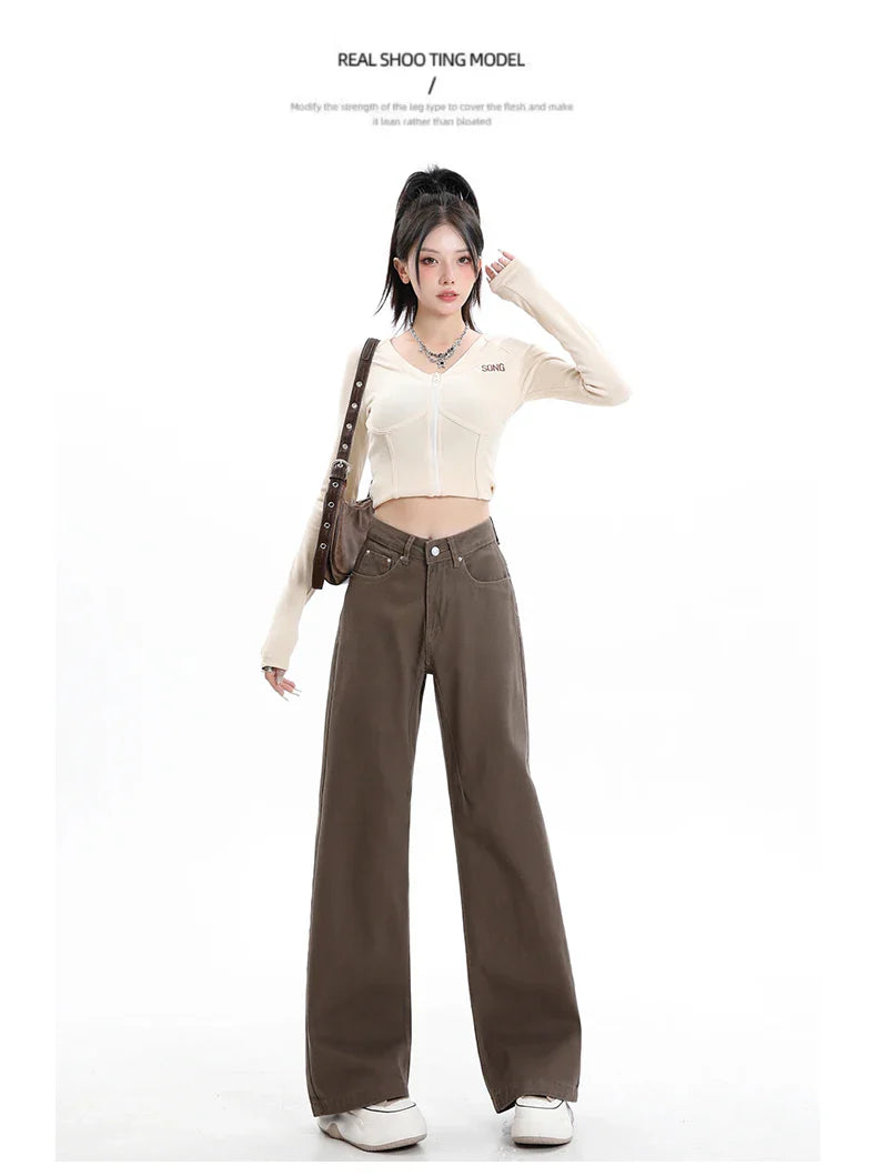Baggy High Street Fashion Straight brown Jeans for Women's Y2k High Waist Female Clothing Solid Color Casual Wide Denim Trousers