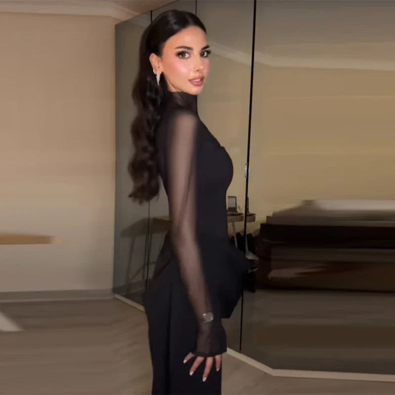 Stylish Lady Mesh See Long Sleeve Splicing Dress Elegant Evening Gown Women's 2026 New Luxury Boutique Club Party Dresses