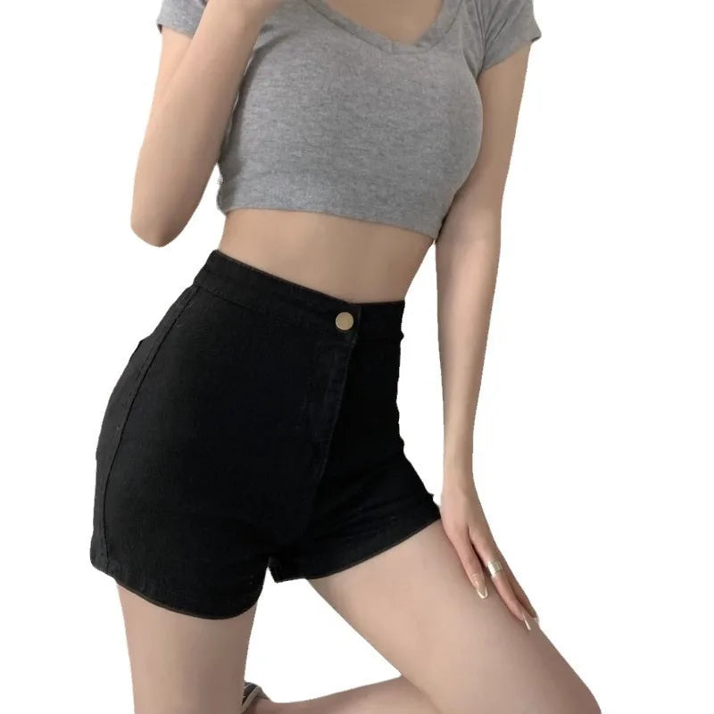 2024 New Motorcycle shorts Summer Women High Waist Button Wigh Leg Jeans Shorts Casual Female Loose Blue Denim Shorts Black