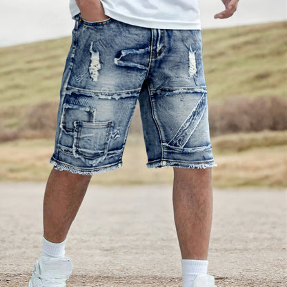 Men's Casual Spring/Summer Denim Shorts - Distressed Denim Shorts with Frayed Edges and Patchwork Details, Fashionable Street-St