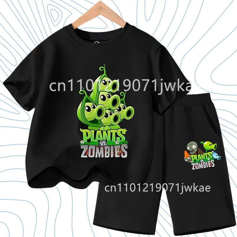 Children's Plants Vs. Zombies Short-Sleeved T-Shirt Set Cotton Summer Fashion Comfortable Top+pants for Boys and Girls