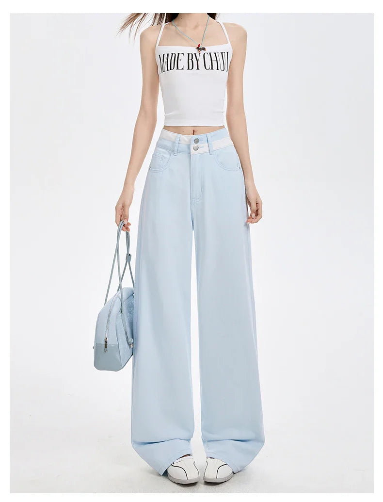 Loose Casual Wide Leg Denim Pants Summer New Thin 100% Cotton Women's High Waist Y2K Contrast Stitching All Match Baggy Jeans