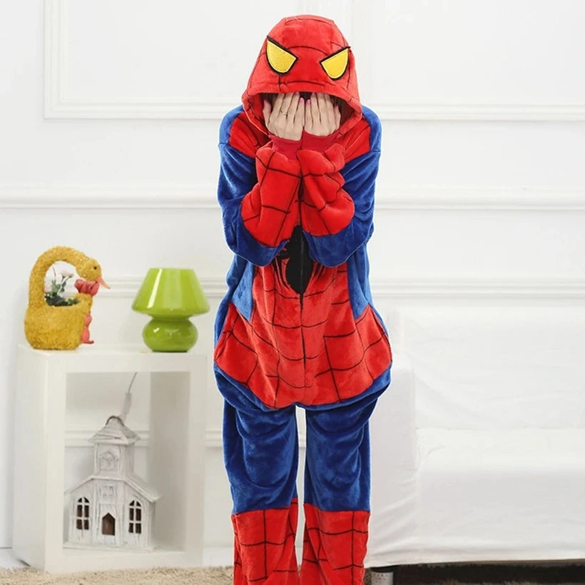 Spider Man Costume Pajamas Adult Spiderman Cosplay Costume Nightgown Home Flanne Hooded Sleepwear Jumpsuit Pajamas for Women Men