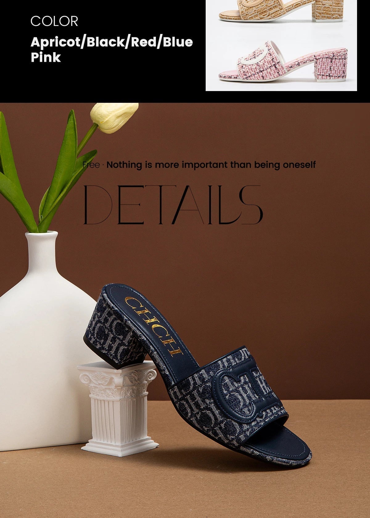 Middle heel square heel slippers fabric fashion casual shoes luxury brand slippers girls street commuter slippers