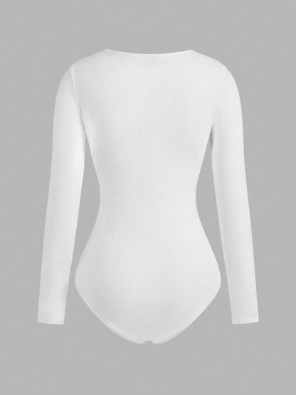 Women's Solid color Square Neck  Open Crotch One-Piece Bodysuit Long Sleeved Body  Lady Streetwear Female Warm Clothing