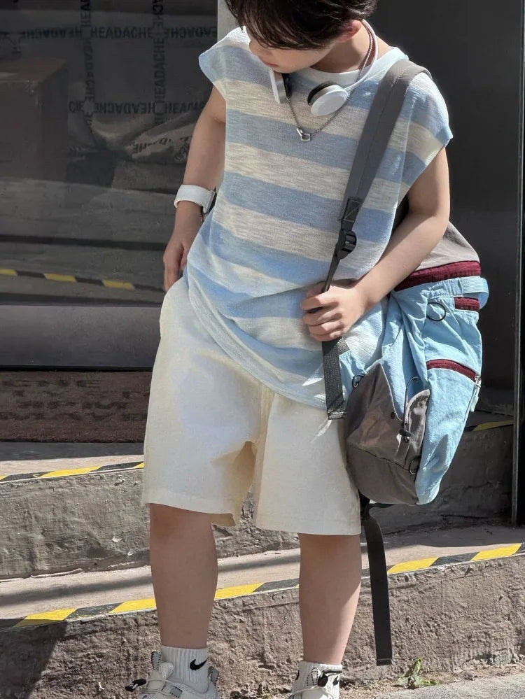 Breathable Lightweight Blue Striped Sleeveless Pure Cotton Shorts Kids Boy Clothes Set Cartoon Children's Fashion Korean Boys'
