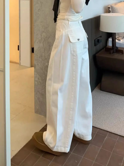 White Wide Leg Cutlass Jeans Women's Spring New Loose Straight Leg Long Denim Trousers Casual Streetwear Y2K Style Pants