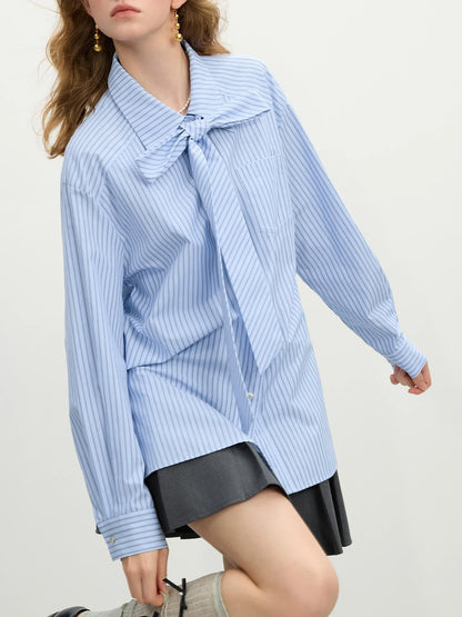 Office Lady French Bow Tie Striped Shirt for Women Spring Loose Fit Shirt College Casual Women Top for Women 25FS11060