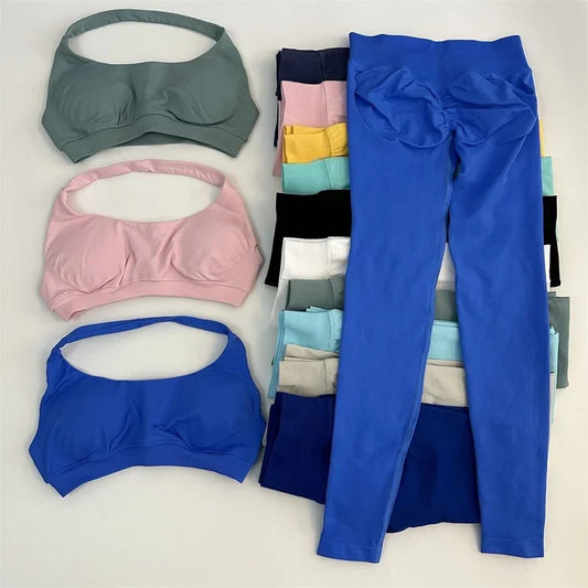 Yoga Legging Sets for Women Seamless Yoga Set Scrunch Butt Legging Set Workout Gym Suit with Halter Crop Top