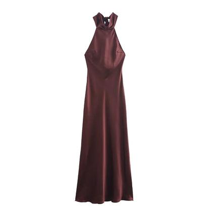 Dress for Women Fashion 2024 Autumn New Bow Sexy Backless French Elegant Halter Neck Satin Texture Midi Dresses
