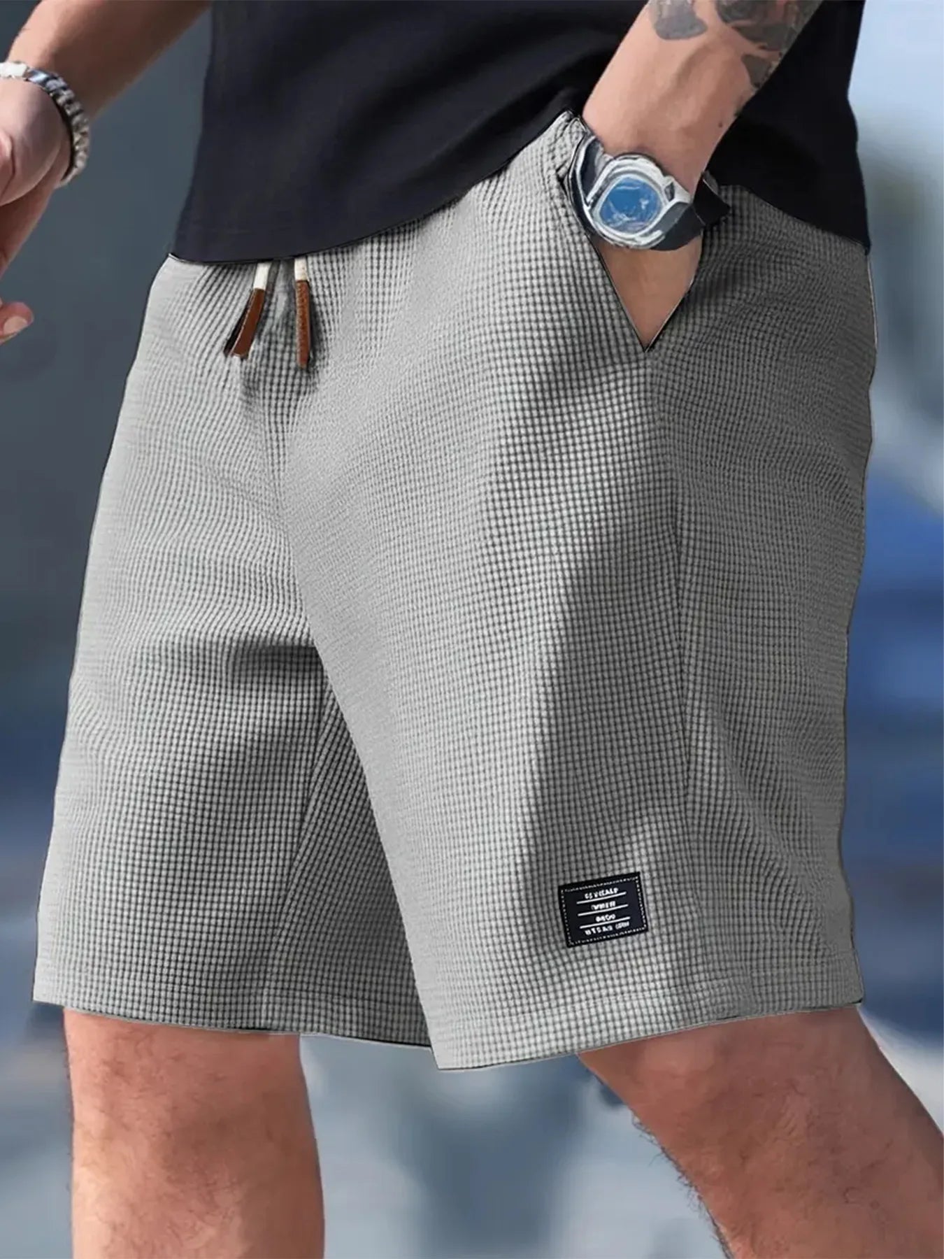 Men's Waffle Texture Shorts Summer Casual Sports Plus Size Loose Fit Knee-Length Shorts Male Oversized Streetwear Beach Pants