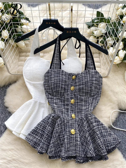American Summer Women Camisole Halter Buttons Y2K Solid Slim Fit Tops Fashion Chic Tweed Design Hotsweet Tank Top