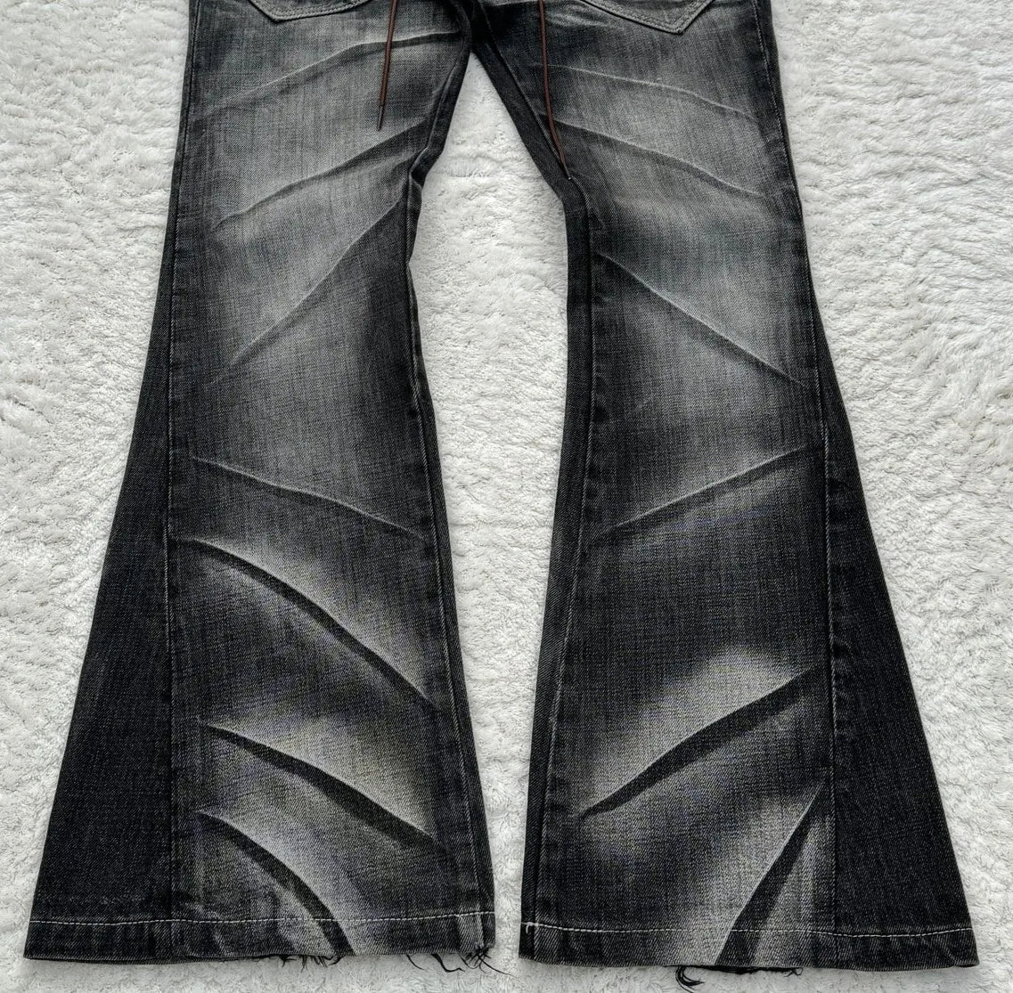 Y2K Distressed Flare Jeans Gothic Men Double Waist Lace Up Denim Pants Retro Washed Scratches Streetwear Unisex Bootcut Jeans