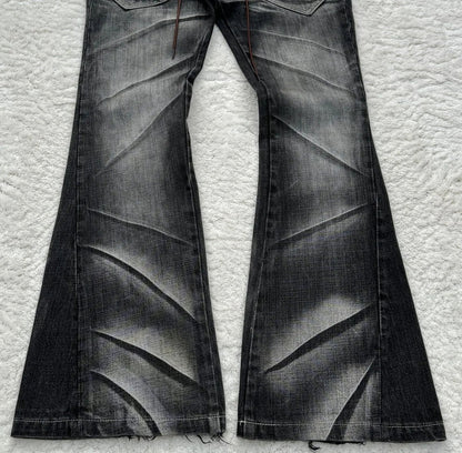 Y2K Distressed Flare Jeans Gothic Men Double Waist Lace Up Denim Pants Retro Washed Scratches Streetwear Unisex Bootcut Jeans