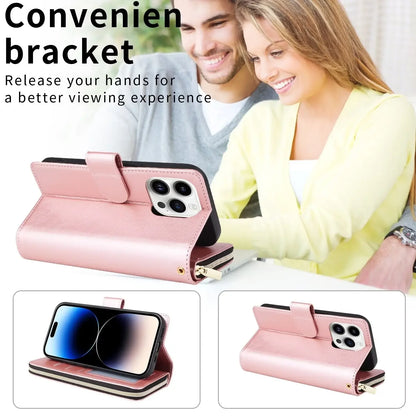 Double Layer Zipper Wallet Case with 9 Card Slots for iPhone 16 16E Pro Max 15 14 Plus13 12 Pro Max PU Leather Flip Cover