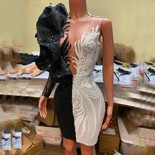 Charming Mini Cocktail Dresses Black and White One Shoulder Long Sleeve Ruffles O-Neck Women Party Prom Dress Customized Gowns