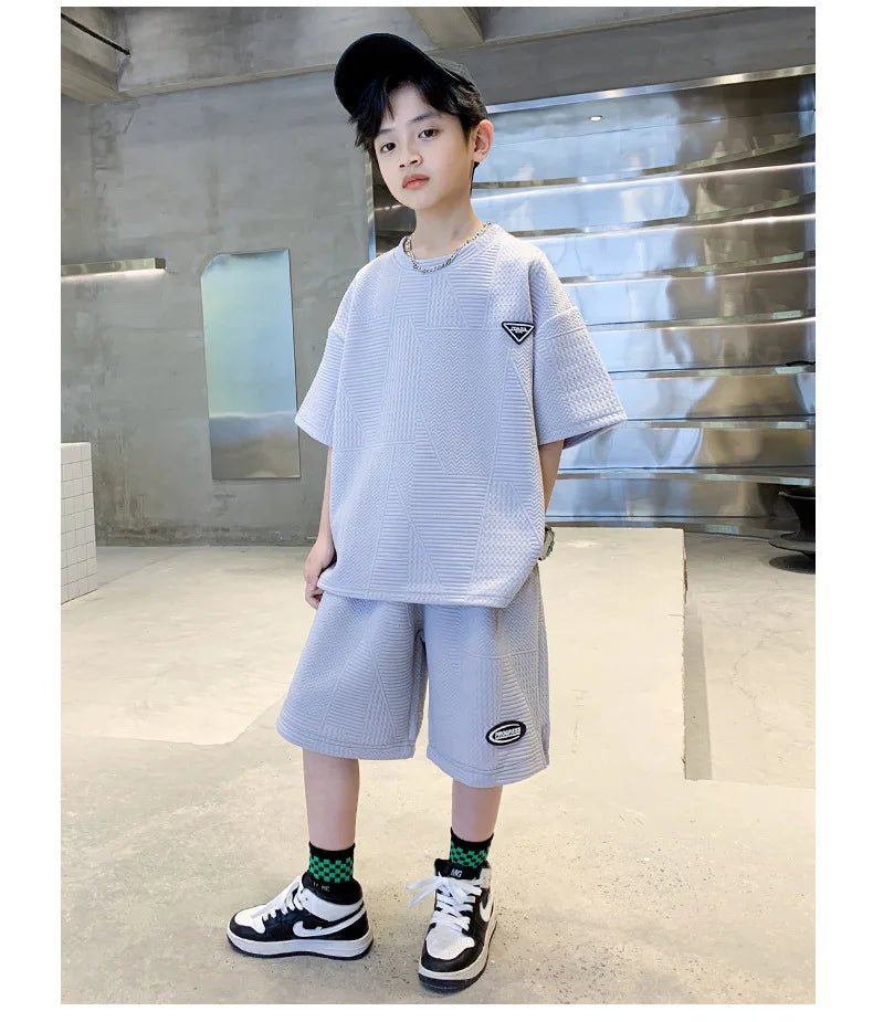 Summer Casual Boys Jacquard Loose T-Shirt Tops+Shorts Pant School Kids 2PCS Tracksuit Child Outfits Student Workout Set 3-14 Yr