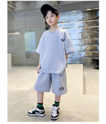 Summer Casual Boys Jacquard Loose T-Shirt Tops+Shorts Pant School Kids 2PCS Tracksuit Child Outfits Student Workout Set 3-14 Yr