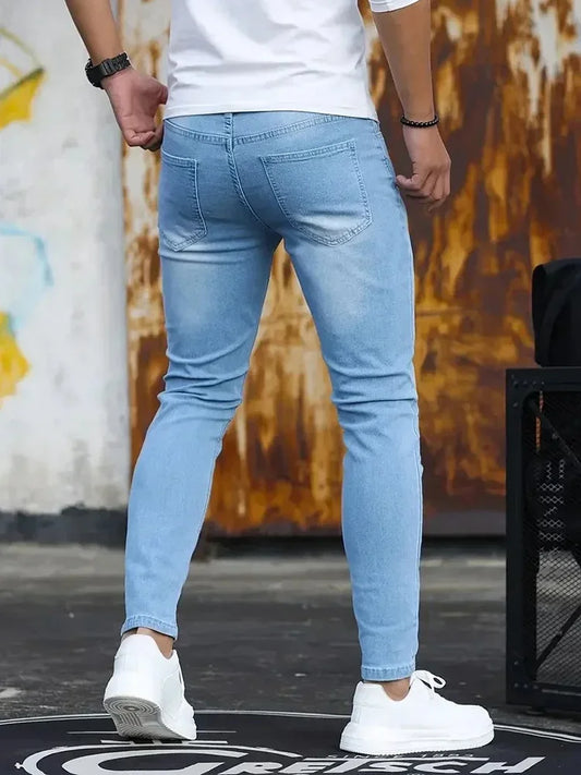 Man Classic Style Pants Light Blue Stretch Jeans Zipper Casual Slim Fit Trousers Male Pencil Pants Denim Skinny Jeans Men Brand