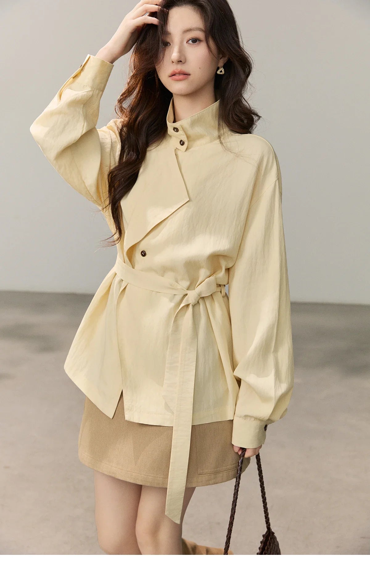 Women's Stand Collar Long Sleeve Shirts Spring Belted Waist Asymmetric Button Tops Casual Loose Solid Shirt MXF13C2459